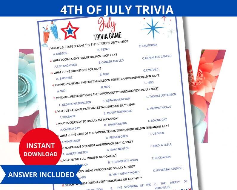 July Trivia Game,summer Trivia Quiz,july Question,summer Games,family ...