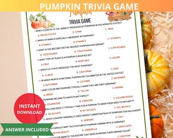 May include: A printable pumpkin trivia game with 10 questions. The game features a pumpkin illustration and the text "Pumpkin Trivia Game".