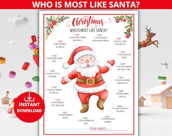 May include: A festive Christmas game titled "Who Is Most Like Santa?" features a jolly Santa Claus illustration. The game includes point-based questions and is available as an instant download. The design incorporates red, white, and green colors.
