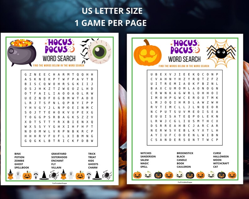 Dive into the magic of Hocus Pocus with this fun Hocus Pocus Word Search! Find all the spooky-themed words from the classic Halloween film hidden in the puzzle.