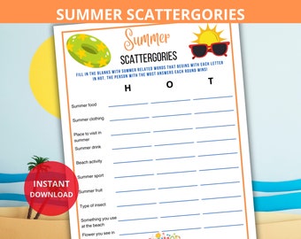 Summer Scattergories Game,summer family reunion,Summer Fun Game,Summer Party Game,Icebreaker,BBQ Pool Game,word game,summer trivia,quiz