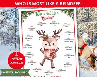Who is most like Reindeer Game,Holiday reindeer trivia,Christmas Party Game,Holiday Trivia,Icebreaker Game,friendsmas games,reindeer games
