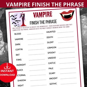 Vampire party game,vampire Finish the phrase,Halloween party game,vampire birthday party,vampire quiz trivia,Creepy vampire gam,Spooky party