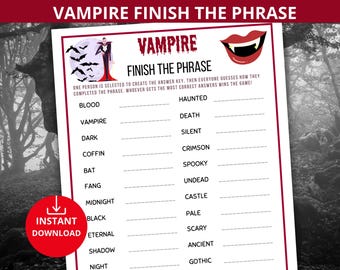 Vampire party game,vampire Finish the phrase,Halloween party game,vampire birthday party,vampire quiz trivia,Creepy vampire gam,Spooky party