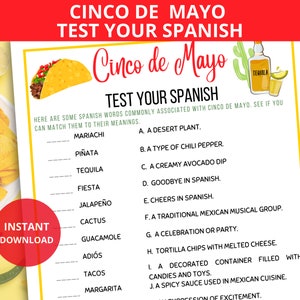 Puede incluir: Un juego imprimible de Cinco de Mayo para poner a prueba tu vocabulario español. El juego presenta una lista de palabras en español y sus definiciones en inglés. Las palabras están relacionadas con la celebración del Cinco de Mayo.