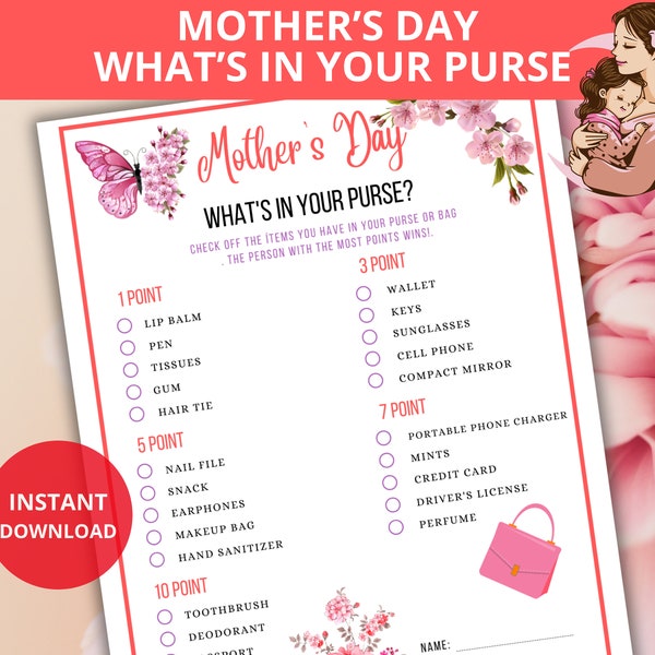 What's In Your Purse,Mother's Day Game,Mothers day trivia,Mothers Day Activity,Mothers Day Party,mothers day brunch,whats in your bag,mom's