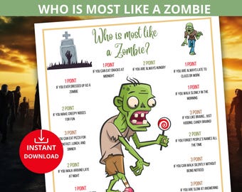 who is most like zombie,zombie party game,zombie trivia quiz,halloween party game,spooky party game,creepy party game,horror night activity