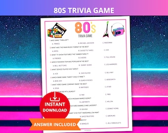 80s Trivia Game,80s quiz,1980s Party Games,80s decade trivia,Retro Trivia Night,Birthday Party Trivia,Family Game Night,80s party games