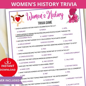 Women&#39;s History Month trivia,International Women&#39;s Day Games,Famous Women Quiz, Women&#39;s Day Quiz,March 8th Trivia game,women’s history facts
