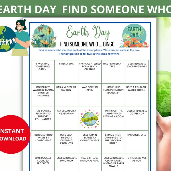 Earth Day Find Someone who,earth day Bingo Game,Find the Guest,Earth Day Printable,Adults,Spring Game, Ice Breaker Games,Family Feud,office