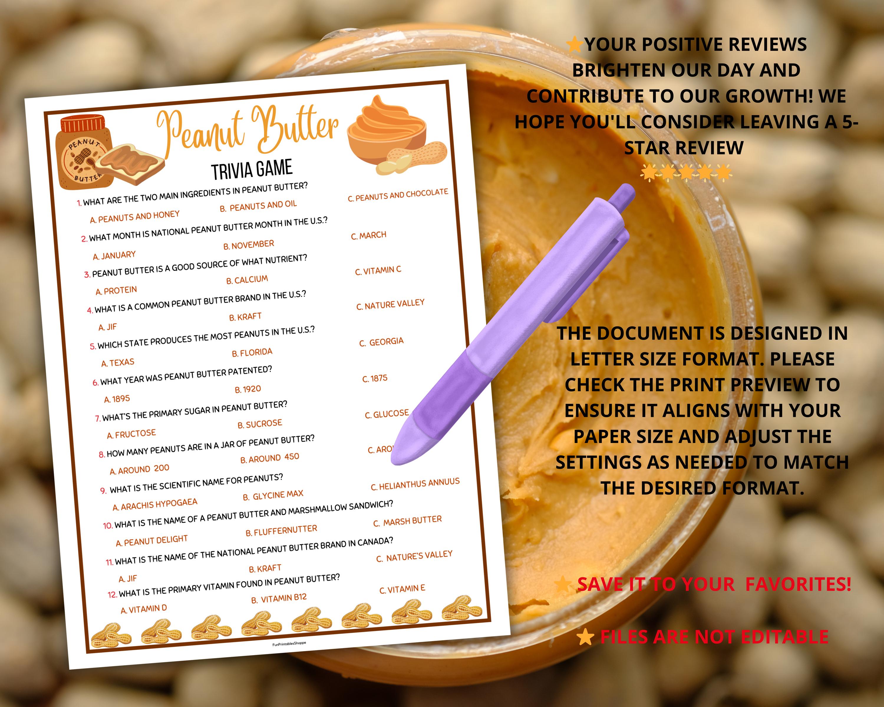 Peanut Butter Trivia Game,pb&j Trivia,peanut Fact Trivia,food Trivia ...