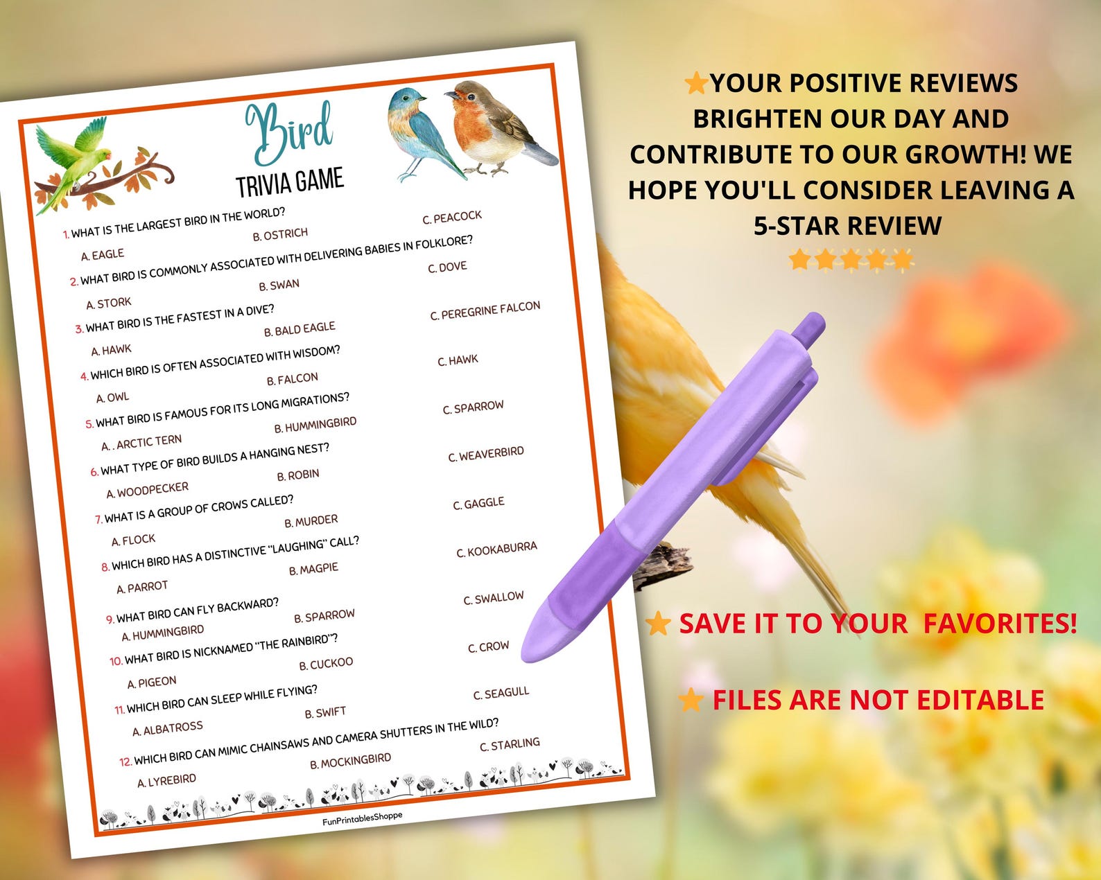 Bird Trivia Game,birds Quiz,animal Trivia,zoo Trivia,wildlife Quiz ...