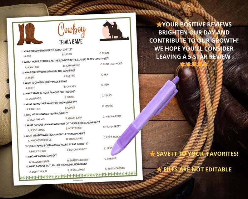 Question Cowboy Cowboy Trivia,cowboy Quiz,cowboy Party Game,western Trivia,wild West ...