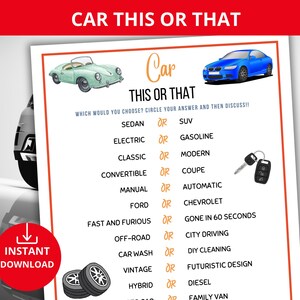May include: A printable "Car This or That" game with a blue and a green car at the top. The game features a list of car-related questions with two options for each question. The player must choose one option and circle it.