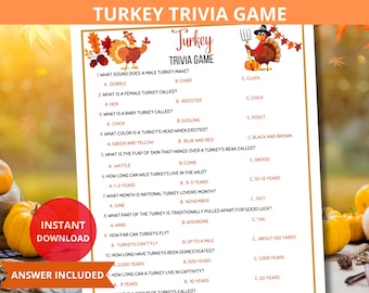 Pode incluir: Uma folha de jogo de trivia de peru imprimível com perguntas de múltipla escolha sobre perus. A folha do jogo tem um design festivo com ilustrações de perus e folhas de outono. Inclui o texto "Download instantâneo" e "Resposta incluída".