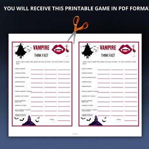 May include: Printable 'Vampire Think Fast' game in PDF format. The game features a dark red border with a vampire theme, including bats, a silhouette, and a castle. The game includes categories to write down words.