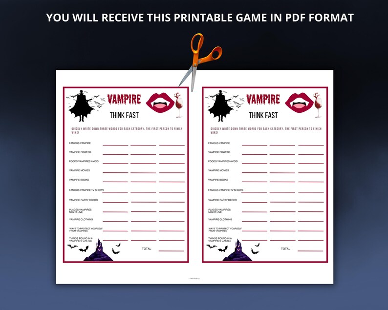 May include: Printable 'Vampire Think Fast' game in PDF format. The game features a dark red border with a vampire theme, including bats, a silhouette, and a castle. The game includes categories to write down words.