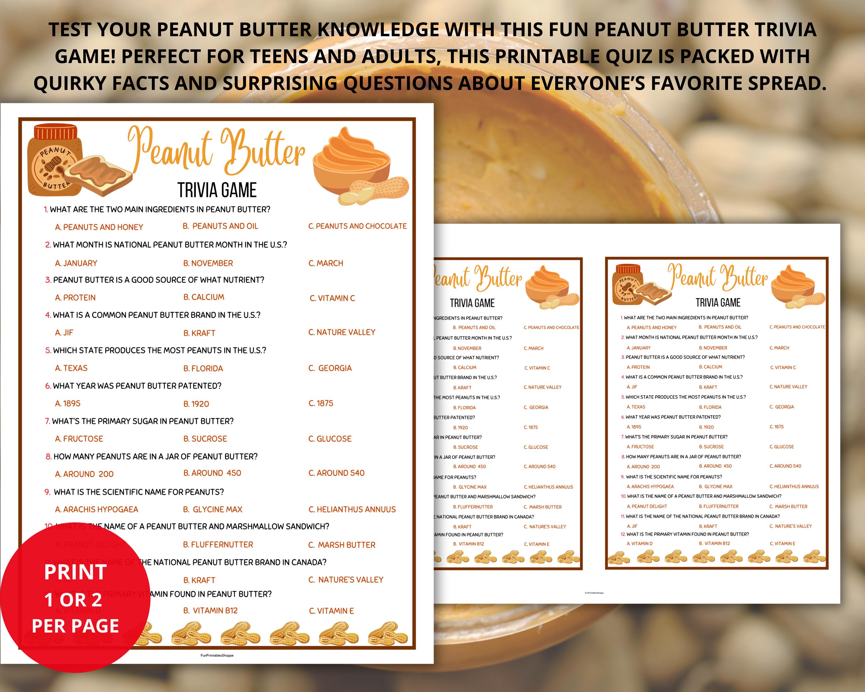 Peanut Butter Trivia Game,pb&j Trivia,peanut Fact Trivia,food Trivia ...