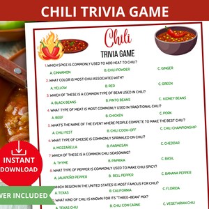 Chili Trivia Game,Food trivia,Chili Cookoff,Chili Competition trivia,Cooking quiz,Foodie trivia questions,Chili Potluck Party,Chili lovers