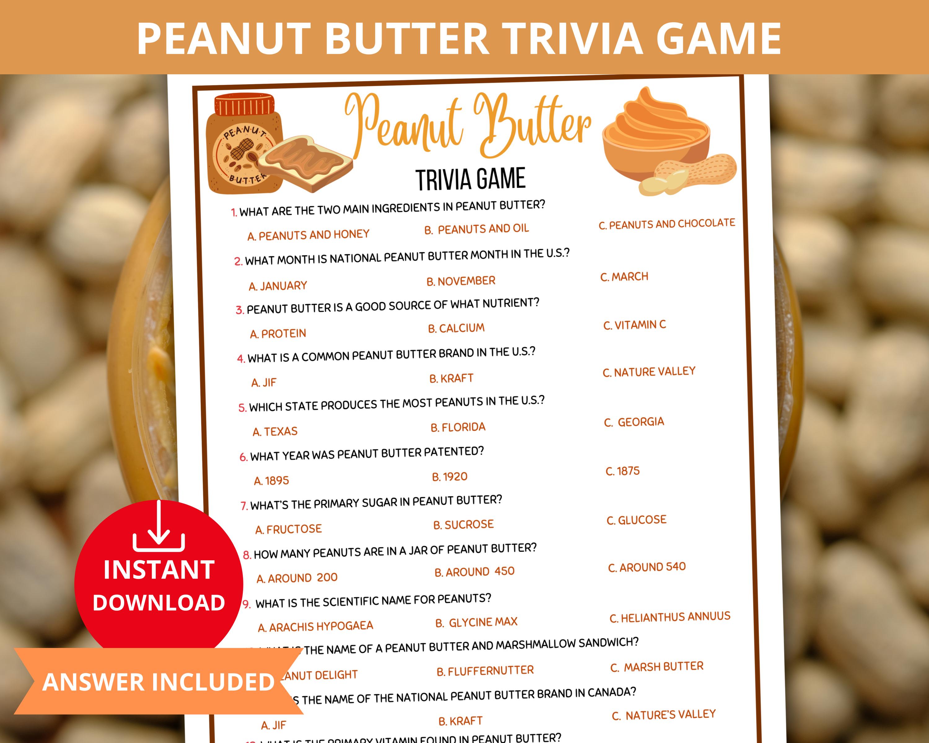 Peanut Butter Trivia Game,pb&j Trivia,peanut Fact Trivia,food Trivia ...