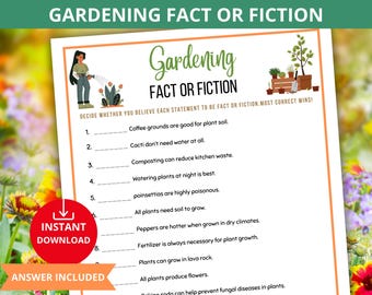 Gardening Fact or Fiction,Gardening Trivia,gardening Quiz,spring Trivia,flowers true or false game,gardening party game,whats in your garden