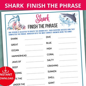 shark Finish the Phrase Game,shark Icebreaker Game,shark party games,shark week games,shark birthday party,ocean animal games,shark trivia