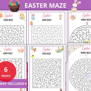 May include: Six printable Easter maze activity sheets featuring bunny, chick, and egg themes. The mazes are black and white with colorful accents. The text "Easter Maze" and "6 Mazes" is included on the sheets.  Answer key included.