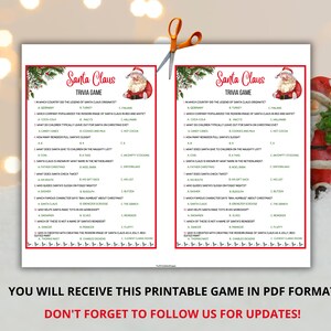 May include: Two printable Santa Claus trivia game sheets with a festive design. Each sheet features a red and green border, a Santa Claus illustration, and trivia questions. The text at the bottom reads: "YOU WILL RECEIVE THIS PRINTABLE GAME IN PDF FORMAT".