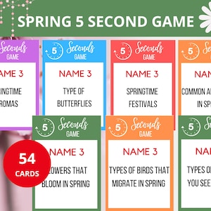 May include: A set of 54 cards for a spring-themed 5 Second Game. The cards are color-coded and feature different spring-related categories, such as springtime aromas, types of butterflies, springtime festivals, common allergens in spring, flowers that bloom in spring, types of birds that migrate in spring, and types of insects you see in spring.