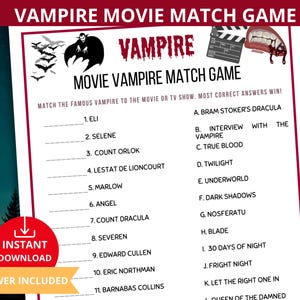 Movie Match Game,vampire trivia,Vampire party game,Vampire Match Game,vampire birthday party,Vampire Quiz,vampire horror films,halloween gam