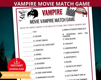 Movie Match Game,vampire trivia,Vampire party game,Vampire Match Game,vampire birthday party,Vampire Quiz,vampire horror films,halloween gam