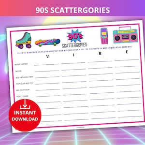 Könnte beinhalten: Ein druckbares 90er-Jahre-Scattergories-Spielblatt mit einem rosa und lila Hintergrund. Das Spielblatt zeigt Illustrationen im 90er-Jahre-Stil von Rollschuhen, einem Skateboard, einem Mobiltelefon und einer Boombox. Der Text "90s Scattergories" steht oben.