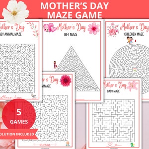 May include: Five Mother's Day maze games are displayed. Each maze has a red border and a white background. The mazes are themed for babies, gifts, and children. The text "Mother's Day" is at the top of each game. Solutions are included.