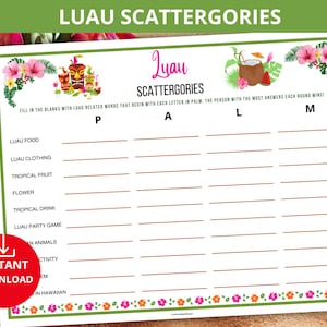 luau Scattergories,Luau Party Game,Aloha Party Games,Hawaiian Party Games,Tiki Party Game,Luau Birthday,tropical game,backyard luau activity