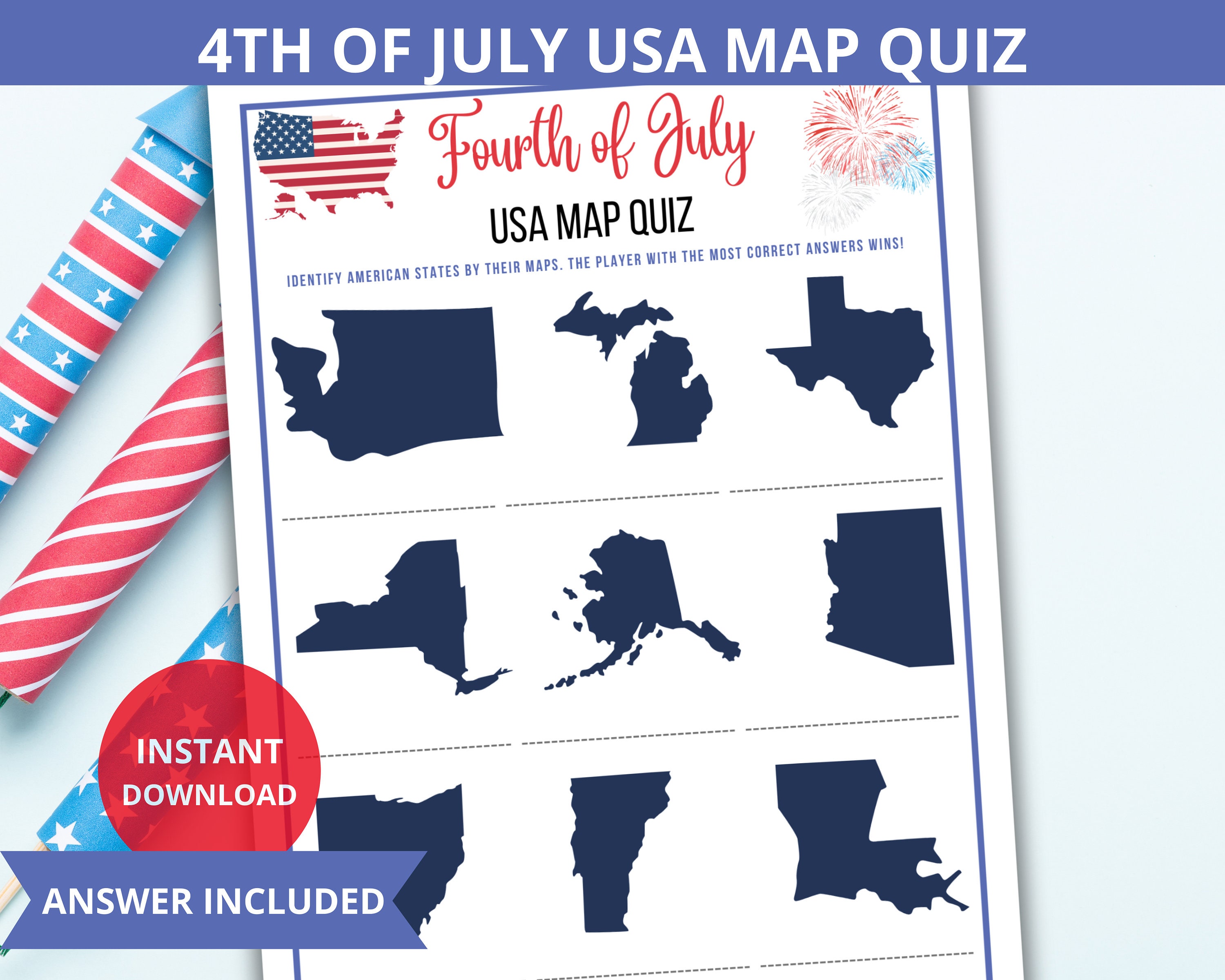 United States Map Quiz,patriotic Trivia,4th of July Activity,us ...
