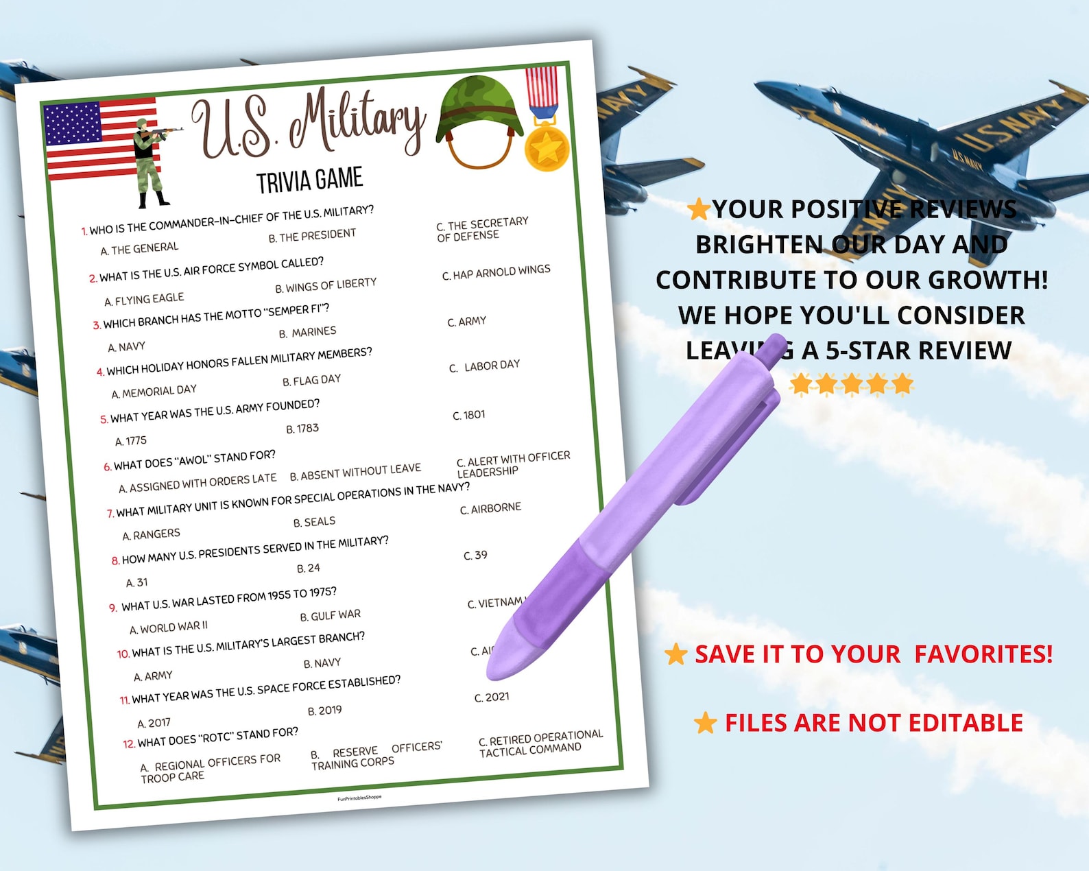 U.S. Military Trivia Game,memorial Day Party Games,military Quiz,usa ...