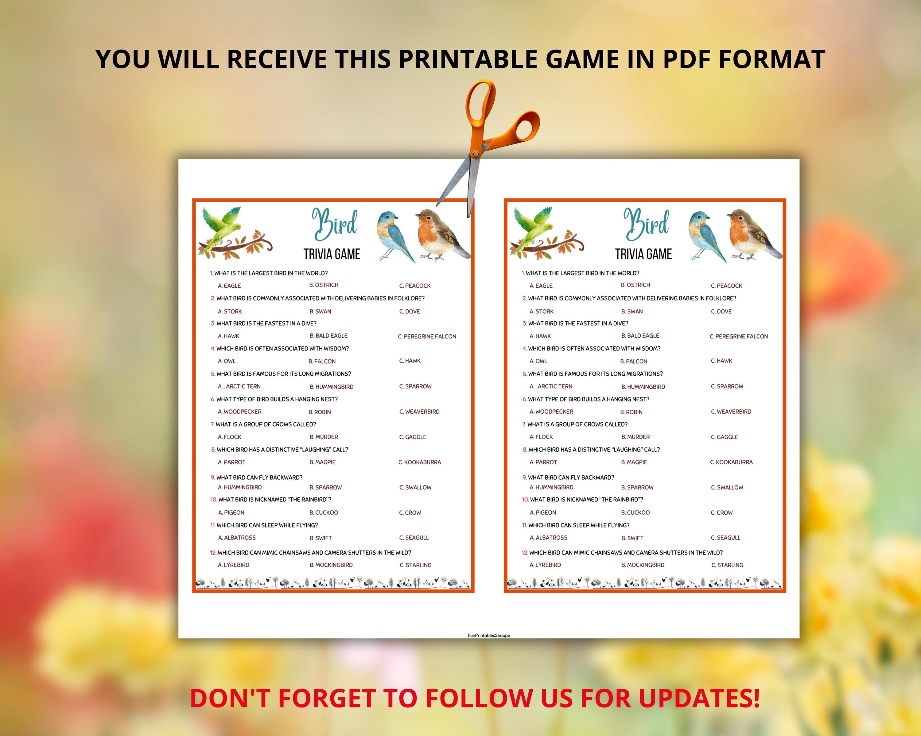 Bird Trivia Game,birds Quiz,animal Trivia,zoo Trivia,wildlife Quiz ...