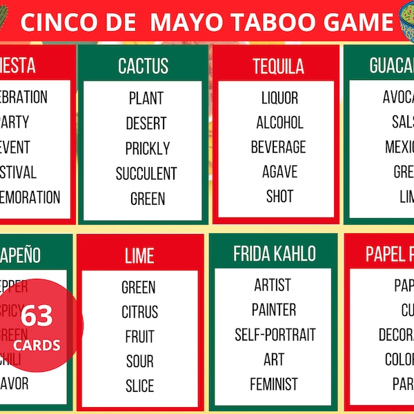 Jeu tabou Cinco de Mayo, anecdotes sur le Cinco de Mayo, jeu de mots tabou, mots interdits, charades, fête du 5 mai, jeux de société mexicains, adultes, quiz