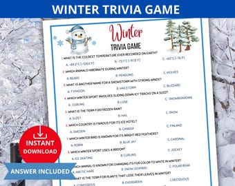 May include: A printable winter trivia game with a snowman illustration. The game includes questions about winter weather, animals, sports, and more.  Answer key included.