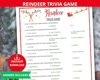May include: A printable Reindeer Trivia Game with multiple-choice questions. The game features a red and white design with reindeer illustrations and the text "Reindeer Trivia Game." Includes an "Instant Download" button and the words "Answer Included."