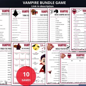 May include: A collection of ten vampire-themed games, including trivia, matching, and fill-in-the-blank activities. The game sheets feature various designs with vampire-related imagery and text, perfect for a Halloween party or themed event.