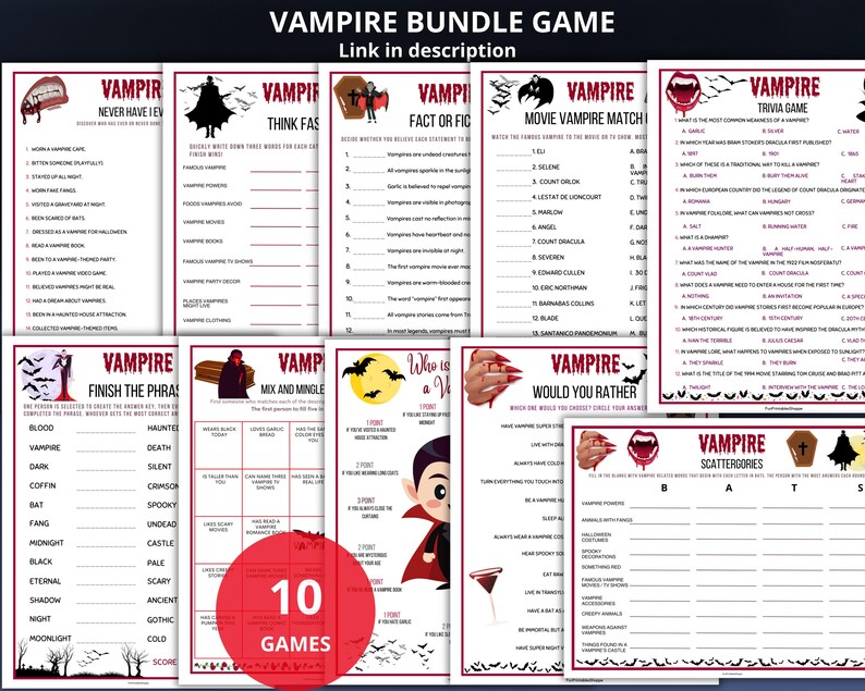 May include: A collection of ten vampire-themed games, including trivia, matching, and fill-in-the-blank activities. The game sheets feature various designs with vampire-related imagery and text, perfect for a Halloween party or themed event.