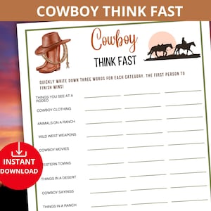 Cowboy Think fast,cowboy think Quick,Cowboy Party game,cowboy birthday party,wild west party,Cowboy trivia,Western Party Games,cowboy shower