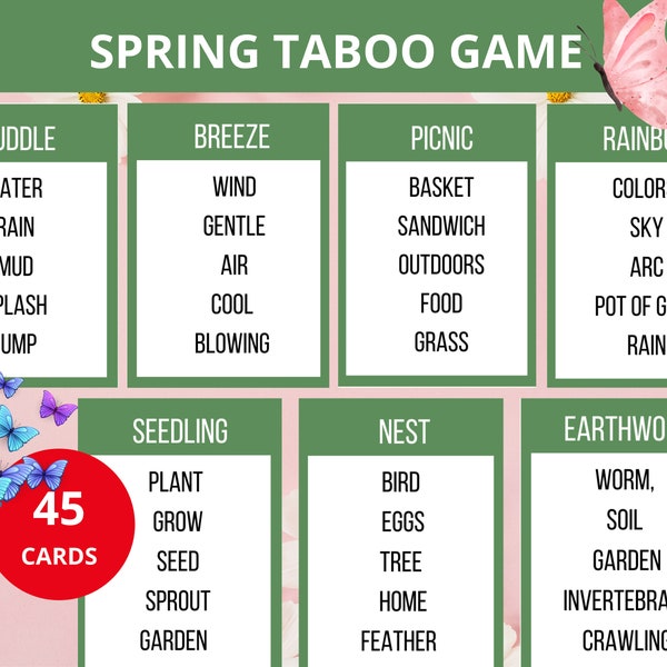 Spring Taboo Game, Spring Printable Game for Family,springtime game, easter game,teen Party Games, word game taboo,spring activiy,springtime