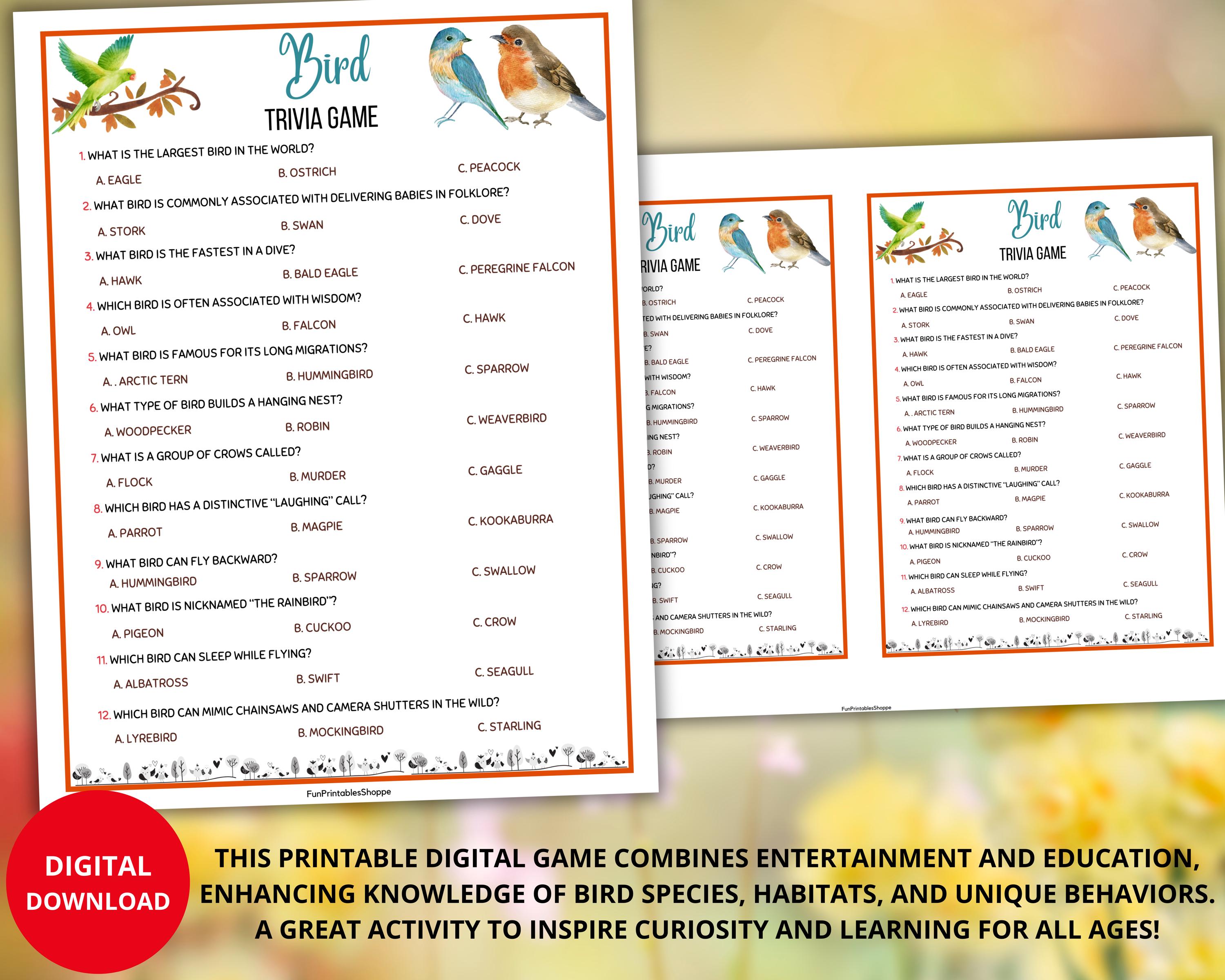 Bird Trivia Game,birds Quiz,animal Trivia,zoo Trivia,wildlife Quiz ...