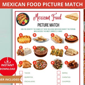 Mexican Food Match Game,Cinco de Mayo Party games,mexican Fiesta Party,taco night activity,mexican cuisine,mexican party games,mexico trivia