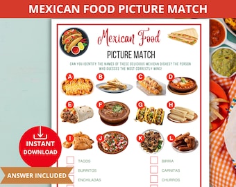 Mexican Food Match Game,Cinco de Mayo Party games,mexican Fiesta Party,taco night activity,mexican cuisine,mexican party games,mexico trivia
