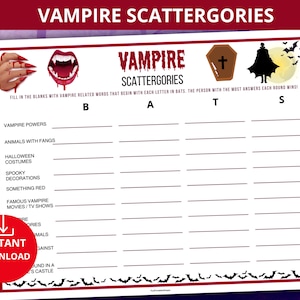 Vampire Scattergories,Vampire party game,vampire trivia,Spooky Scattergories,Halloween word game,Halloween icebreake,vampire quiz,Spooky gam