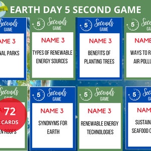 May include: A green and blue game board with eight cards. Each card has a 5-second timer icon and the text "5 Seconds Game". The cards have different Earth Day themed topics, such as "National Parks", "Types of Renewable Energy Sources", "Benefits of Planting Trees", "Ways to Reduce Air Pollution", "Green Roofs", "Synonyms for Earth", "Renewable Energy Technologies", and "Sustainable Seafood Options".