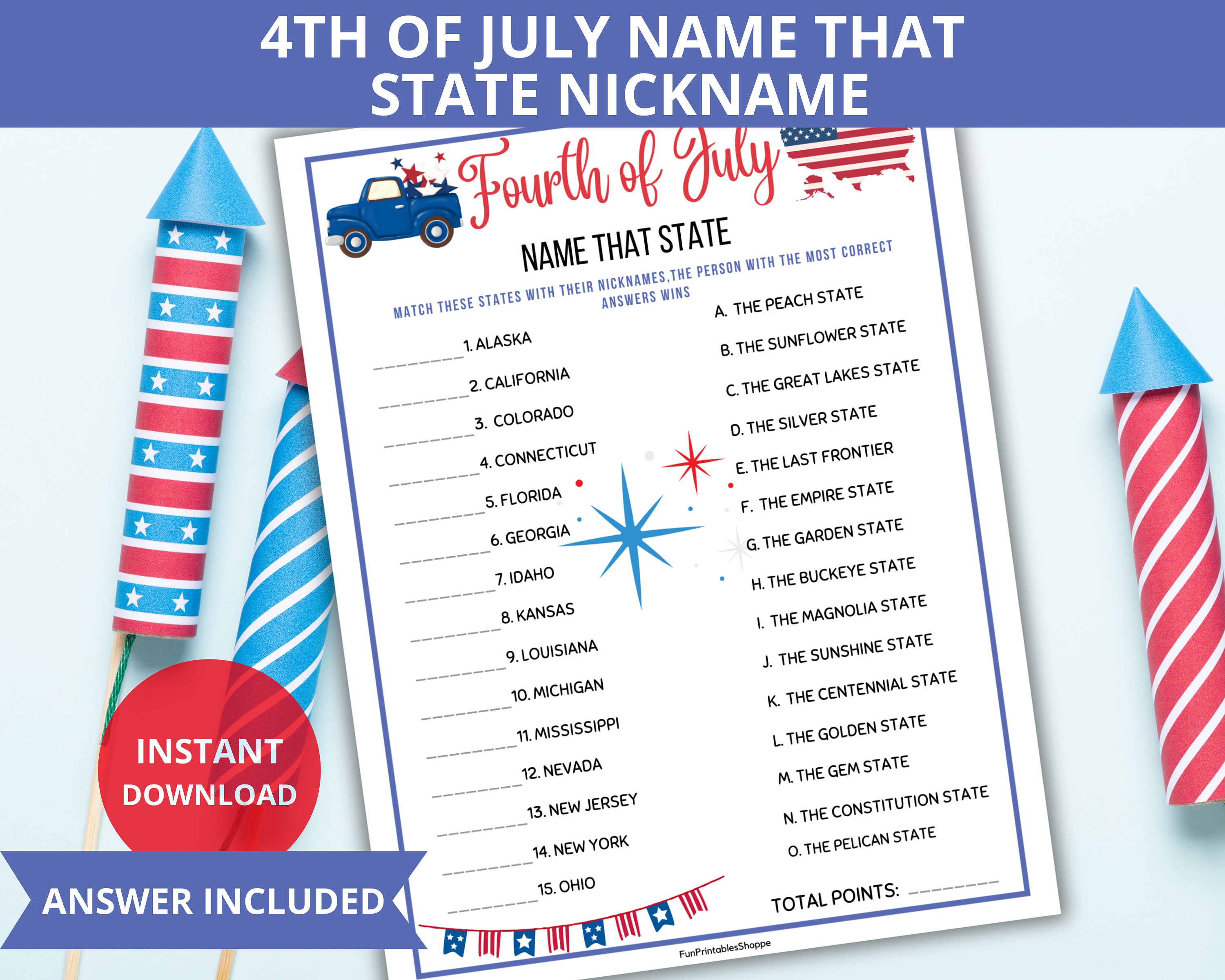 4th of July State Nickname Game,Fourth of July Name That U.S. State,July 4th Game,Independence Day Game,Patriotic Game,4th of July trivia